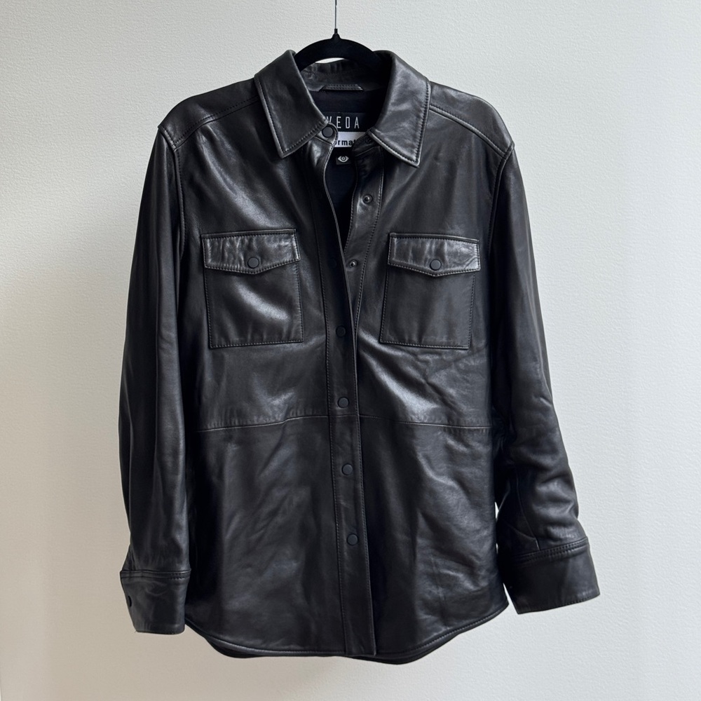 Veda x Reformation - Black Leather Button-Up Shacket - S